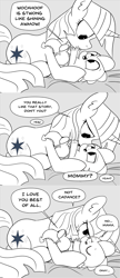 Size: 896x2076 | Tagged: safe, artist:mamatwilightsparkle, spike, twilight sparkle, dragon, pony, unicorn, baby, baby spike, comic, duo, implied rockhoof, implied shining armor, lying on bed, mama twilight, mama twilight sparkle, monochrome, snuggling, tumblr, younger