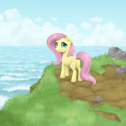 Size: 1000x1000 | Tagged: safe, artist:ariah101, derpibooru import, fluttershy, pegasus, pony, cliff, cloud, female, folded wings, grass, looking at you, looking back, looking back at you, mare, ocean, outdoors, rock, sky, smiling, solo, standing, wings