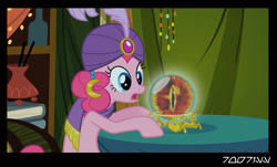 Size: 1288x778 | Tagged: safe, derpibooru import, edit, edited screencap, editor:teren rogriss, screencap, pinkie pie, earth pony, pony, it's about time, crossover, crystal ball, eye of sauron, lord of the rings, madame pinkie, palantir, sauron