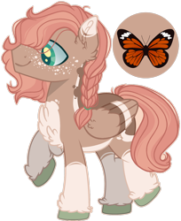 Size: 1280x1572 | Tagged: safe, artist:darknessishappy, artist:lazuli, oc, oc:butterfly harvest, butterfly, pegasus, base used, bipedal, braid, chest fluff, colored hooves, colored wings, cutie mark, ear fluff, folded wings, freckles, green eyes, magical lesbian spawn, male, multicolored coat, multicolored wings, offspring, parent:applejack, parent:fluttershy, parents:appleshy, pegasus oc, raised hoof, simple background, solo, stallion, transparent background, unshorn fetlocks, wings