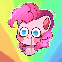 Size: 1000x1000 | Tagged: safe, artist:bearsea-空空, derpibooru import, part of a set, pinkie pie, earth pony, pony, abstract background, bust, chibi, drool, female, mare, messy mane, solo, waving, wide eyes