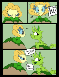 Size: 2056x2664 | Tagged: safe, artist:smirk, oc, oc only, oc:goldie, oc:thorn, original species, plant pony, comic, cute, dialogue, duo, foal, ms paint, plant