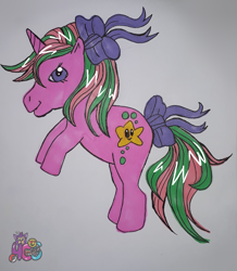 Size: 1280x1470 | Tagged: safe, artist:pinkberryprincess, pony, g1, bow, hair bow, rearing, signature, solo, tail bow, traditional art