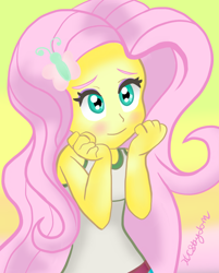 Size: 800x997 | Tagged: safe, artist:pinkberryprincess, fluttershy, equestria girls, abstract background, blushing, clothes, female, looking up, signature, smiling, solo, three quarter view