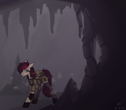 Size: 1105x957 | Tagged: safe, artist:beissende_fliege, oc, oc only, oc:appleale, earth pony, fallout equestria, boots, cave, cave exploring, clothes, female, gear, leggings, mare, shoes, spelunking, two toned mane, uniform