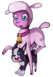 Size: 4400x6400 | Tagged: safe, artist:kenisu-of-dragons, pom lamb, dog, lamb, sheep, them's fightin' herds, absurd resolution, bell, cloven hooves, collar, community related, duo, female, simple background, tongue out, transparent background