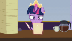 Size: 800x450 | Tagged: safe, artist:forgalorga, edit, twilight sparkle, twilight sparkle (alicorn), alicorn, pony, the last problem, angry, animated, annoyed, coffee, coffee mug, coffee pot, crown, desk, female, jewelry, magic, mare, mug, paperwork, quill, regalia, show accurate, sleepy, solo, tearing, telekinesis, template, tired, twilight is not amused, unamused