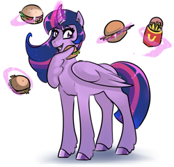 Size: 2300x2203 | Tagged: safe, artist:mylittlegodzilla, twilight sparkle, twilight sparkle (alicorn), alicorn, pony, burger, curved horn, female, food, french fries, glowing horn, high res, horn, looking sideways, magic, mare, potato, simple background, smiling, solo, telekinesis, twilight burgkle, wing hands, wings