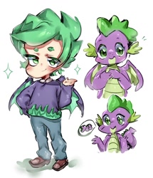 Size: 925x1076 | Tagged: safe, artist:kmprsyaa, spike, dragon, human, baby, baby dragon, clothes, cute, humanized, jeans, pants, shoes, simple background, smiling, speech bubble, spikabetes, sweater, white background, winged humanization, winged spike, wings