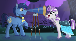 Size: 14685x8006 | Tagged: safe, artist:faitheverlasting, night light, twilight velvet, pony, unicorn, absurd file size, absurd resolution, clothes, cute, dress, female, gala dress, grand galloping gala, headcanon, male, mare, night, nightvelvet, prank, shipping, silly, silly pony, stallion, straight, telescope, tongue out, unshorn fetlocks