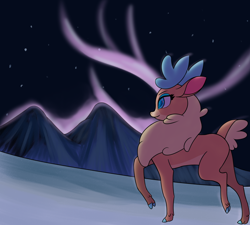 Size: 2000x1800 | Tagged: safe, artist:ngnir, velvet reindeer, deer, reindeer, them's fightin' herds, atg 2020, aurora borealis, cloven hooves, community related, cute, doe, female, newbie artist training grounds, night, snow, velvebetes