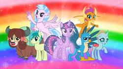 Size: 5360x3008 | Tagged: safe, artist:andoanimalia, gallus, ocellus, sandbar, silverstream, smolder, twilight sparkle, yona, changedling, changeling, classical hippogriff, dragon, earth pony, griffon, hippogriff, pony, yak, bow, cloven hooves, colored hooves, cute, diaocelles, diastreamies, dragoness, female, flying, gallabetes, hair bow, jewelry, male, monkey swings, necklace, rainbow, sandabetes, smolderbetes, sparkles, student six, teenager, treelight sparkle, yonadorable