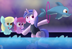 Size: 2960x2021 | Tagged: safe, artist:rainbow eevee, berry punch, berryshine, sassaflash, sea swirl, seafoam, dolphin, earth pony, pegasus, pony, unicorn, amazed, bipedal, clothes, cute, female, grin, hoof hold, light, one-piece swimsuit, open mouth, practicing, smiling, swimsuit, watching, water