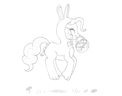 Size: 1224x966 | Tagged: safe, artist:friendshipishorses, derpibooru import, pinkie pie, earth pony, pony, animal costume, basket, bunny costume, butt flap, clothes, costume, easter basket, monochrome, solo, traditional art