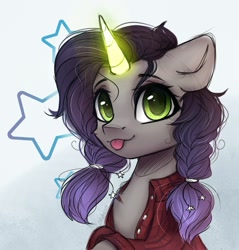 Size: 1280x1339 | Tagged: safe, artist:reterica, oc, oc only, oc:moonsonat, pony, unicorn, :p, button-up shirt, clothes, female, floppy ears, glowing horn, horn, looking at you, mare, shirt, solo, tongue out