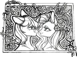 Size: 1112x828 | Tagged: safe, artist:寂羽, derpibooru import, fluttershy, oc, oc:forestar, butterfly, pegasus, pony, unicorn, black and white, flower, flower in hair, flutterstar, frame, framed picture, glasses, grayscale, love, monochrome, my little pony, rose, stars, vine