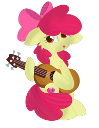 Size: 1024x1326 | Tagged: safe, artist:skyflys, apple bloom, earth pony, pony, adorabloom, bow, cheek fluff, chest fluff, chipped tooth, cute, female, filly, guitar, musical instrument, simple background, solo, transparent background