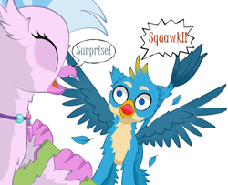 Size: 1672x1356 | Tagged: safe, artist:crimsonfef, gallus, silverstream, griffon, hippogriff, behaving like a bird, behaving like a rooster, birb, cute, diastreamies, female, gallabetes, gallus the rooster, griffons doing bird things, male, simple background, spread wings, white background, wings