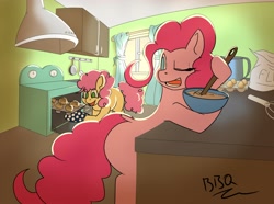 Size: 4096x3047 | Tagged: safe, artist:gryphon bbq, derpibooru import, li'l cheese, pinkie pie, earth pony, pony, the last problem, baking, batter, bipedal, bipedal leaning, bowl, colt, duo, egg, female, flour, food, hoof hold, kitchen, leaning, male, mare, missing cutie mark, mixing bowl, mother and child, mother and son, muffin, no pupils, one eye closed, oven, oven mitts, parent and child, stove, whisk