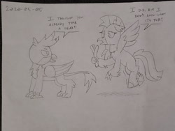 Size: 2224x1668 | Tagged: safe, artist:sketchwork_gd_inuk, gallus, silverstream, classical hippogriff, griffon, hippogriff, black and white, dialogue, duo, female, grayscale, leek, male, monochrome, need to pee, potty time, pun, traditional art