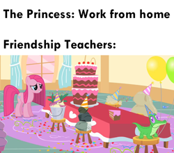 Size: 1010x887 | Tagged: safe, derpibooru import, edit, edited screencap, screencap, gummy, madame leflour, mr. turnip, pinkie pie, rocky, sir lintsalot, alligator, earth pony, pony, party of one, balloon, bucket, cake, coronavirus, covid-19, dust bunny, female, food, hat, implied coronavirus, mare, meme, party hat, pinkamena diane pie, ponified meme, quarantine, rock, self-isolation, social distancing, stool, table, turnip, work from home