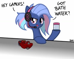 Size: 1280x1022 | Tagged: safe, artist:banquo0, oc, oc:bit rate, earth pony, bath water, controller, earth pony oc, gamecube controller, gamer girl, gamer girl bath water, headphones, meme, solo, text