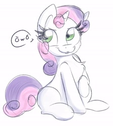 Size: 2748x3070 | Tagged: safe, artist:littleblackraencloud, sweetie belle, pony, unicorn, :3, blank flank, cheek fluff, chest fluff, cute, diasweetes, female, filly, high res, owo, pictogram, simple background, sitting, solo, speech bubble, white background, òwó