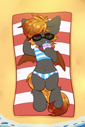 Size: 2000x3000 | Tagged: safe, artist:etoz, oc, oc only, pegasus, pony, beach, clothes, commission, drink, glasses, happy, male, pegasus oc, smiling, solo, stallion, sunglasses, swimsuit, wings, ych result