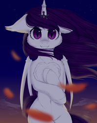 Size: 2082x2628 | Tagged: safe, artist:_kessa_, oc, oc only, oc:shady nite, alicorn, semi-anthro, vampire, accessories, chest fluff, crown, female, floppy ears, jewelry, night, regalia, ring, solo, wind