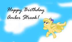 Size: 3511x2044 | Tagged: safe, artist:brightstarclick, oc, oc only, oc:amber streak, pegasus, cloud, flying, text