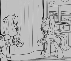 Size: 700x600 | Tagged: safe, artist:sirvalter, oc, oc only, oc:dressage cure, oc:weatherglass, pony, unicorn, fanfic:steyblridge chronicle, airgun, black and white, broken ear, clothes, doctor, duo, fanfic, fanfic art, female, grayscale, hazmat suit, hooves, horn, illustration, laboratory, mare, monochrome, research institute, scientist, weapon