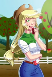 Size: 800x1186 | Tagged: safe, artist:eli-pic, applejack, equestria girls, apple, apple tree, arms, belt, button up shirt, clothes, cowboy hat, denim, denim skirt, eating, female, fingers, food, freckles, hand, happy, holding, long hair, open mouth, open smile, outside, ponytail, skirt, smiling, solo, standing, teenager, teeth, tree