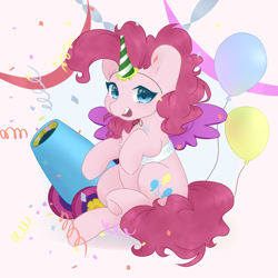 Size: 768x768 | Tagged: safe, artist:hapinkie, derpibooru import, pinkie pie, earth pony, pony, magical mystery cure, alicorn costume, balloon, chest fluff, confetti, costume, cute, diapinkes, fake horn, fake wings, female, hat, looking at you, mare, open mouth, party cannon, party hat, simple background, sitting, solo, streamers, white background