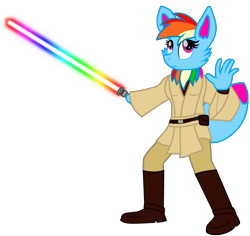 Size: 8037x7575 | Tagged: safe, artist:ejlightning007arts, oc, oc only, oc:rainbow eevee, anthro, hybrid, clothes, crossover, custom, eevee, hybrid oc, irl, jedi, lightsaber, photo, pokémon, pony hybrid, rainbow, simple background, star wars, toy, transparent background, vector, weapon