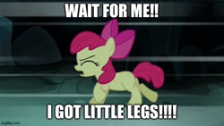 Size: 666x375 | Tagged: safe, edit, edited screencap, screencap, apple bloom, earth pony, pony, bloom and gloom, blank flank, caption, cute, excessive exclamation marks, female, filly, full house, image macro, meme, running, solo, text