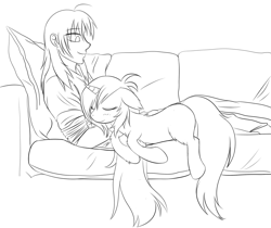 Size: 1181x992 | Tagged: safe, artist:homumu, oc, oc only, human, pony, unicorn, duo, eyes closed, horn, lineart, messy mane, monochrome, sitting, sleeping, snuggling, sofa, unicorn oc