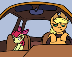 Size: 430x340 | Tagged: safe, derpibooru import, apple bloom, applejack, earth pony, pony, a goofy movie, car, disappoint, driving, duo, meme, ponified