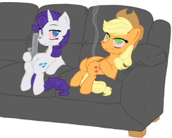 Size: 1703x1372 | Tagged: safe, artist:homumu, derpibooru import, applejack, rarity, earth pony, pony, unicorn, bong, chest fluff, crackity, drugs, duo, ear fluff, hat, high, marijuana, simple background, sitting, smoking, sofa, transparent background