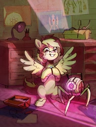 Size: 1300x1714 | Tagged: safe, artist:dearmary, oc, oc only, oc:riley, pegasus, pony, glasses, happy, hooves together, looking at something, personality core, portal (valve), sitting, smiling, solo, spread wings, wings