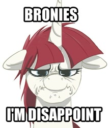 Size: 497x569 | Tagged: artist needed, source needed, safe, oc, oc only, oc:fausticorn, alicorn, pony, caption, disappoint, image macro, meme, scrunchy face, solo, son i am disappoint, text