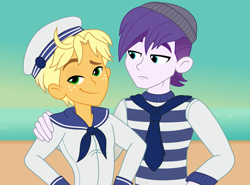 Size: 1751x1296 | Tagged: safe, artist:felux, dirk thistleweed, ragamuffin (equestria girls), better together, equestria girls, alternate hairstyle, beanie, clothes, cute, duo, gay, hat, male, ragabetes, ragadirk, raised eyebrow, sailor, shipping, smiling