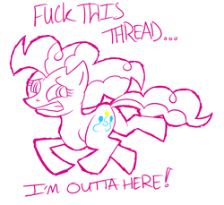 Size: 992x909 | Tagged: safe, derpibooru import, pinkie pie, earth pony, pony, abandon thread, i'm out, running, sketch, vulgar