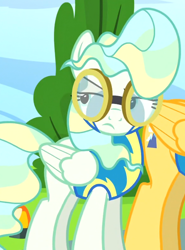 Size: 508x687 | Tagged: safe, screencap, vapor trail, pegasus, pony, top bolt, clothes, cropped, female, folded wings, glare, goggles, looking to side, mare, mountain haze, solo focus, uniform, vapor trail is not amused, wings, wonderbolt trainee uniform