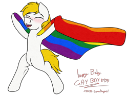 Size: 4000x3000 | Tagged: artist needed, safe, oc, oc only, oc:golden bar, pegasus, pony, bipedal, birthday gift, blonde mane, blonde tail, blushing, eyes closed, gay pride, gay pride flag, happy, hidden wings, lgbt, male, open mouth, pride, pride flag, signature, simple background, smiling, solo, stallion, standing, transparent background, white fur