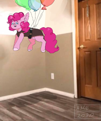 Size: 376x453 | Tagged: dead source, safe, artist:amethesaladhair, derpibooru import, pinkie pie, earth pony, pony, balloon, edited photo, floating, goggles, harness, irl, meme, photo, ponies in real life, ponified animal photo, ponified meme, solo, tack, then watch her balloons lift her up to the sky, vulgar description