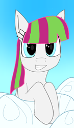 Size: 1100x1900 | Tagged: safe, artist:modera, blossomforth, pegasus, pony, cloud, female, looking at you, mare, smiling, solo