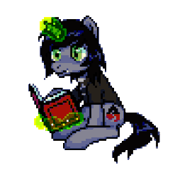 Size: 276x279 | Tagged: safe, artist:hikkage, pony, unicorn, animated, book, clothes, commission, disguise, disguised siren, fangs, gif, glowing horn, horn, jewelry, kellin quinn, levitation, magic, male, necklace, pixel art, ponified, reading, shirt, simple background, sitting, sleeping with sirens, slit eyes, smiling, solo, stallion, t-shirt, telekinesis, transparent background, ych result