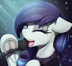 Size: 2518x2290 | Tagged: safe, artist:alcor, coloratura, earth pony, pony, bust, cheek fluff, clothes, eyes closed, female, floppy ears, frog (hoof), high res, hoof hold, hoofbutt, mare, microphone, open mouth, portrait, rara, singing, solo, underhoof