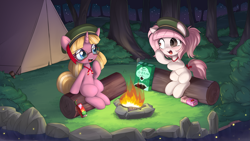 Size: 5487x3087 | Tagged: safe, artist:an-m, artist:pestil, oc, oc only, oc:butter berry, oc:setna, earth pony, firefly (insect), insect, pony, unicorn, collaboration, bush, campfire, campsite, cookie, cute, duo, female, filly, filly guides, filly scouts, food, forest, gap teeth, juice, juice box, lake, log, night, outdoors, raised hoof, sitting, special eyes, tent, tree