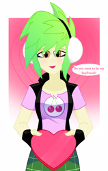 Size: 2058x3264 | Tagged: safe, artist:xan-gelx, cherry crash, equestria girls, box of chocolates, candy, chocolate, clothes, commission, earmuffs, female, fingerless gloves, food, gloves, heart shaped box, looking at you, miniskirt, plaid skirt, skirt, solo, speech bubble, talking to viewer, vest